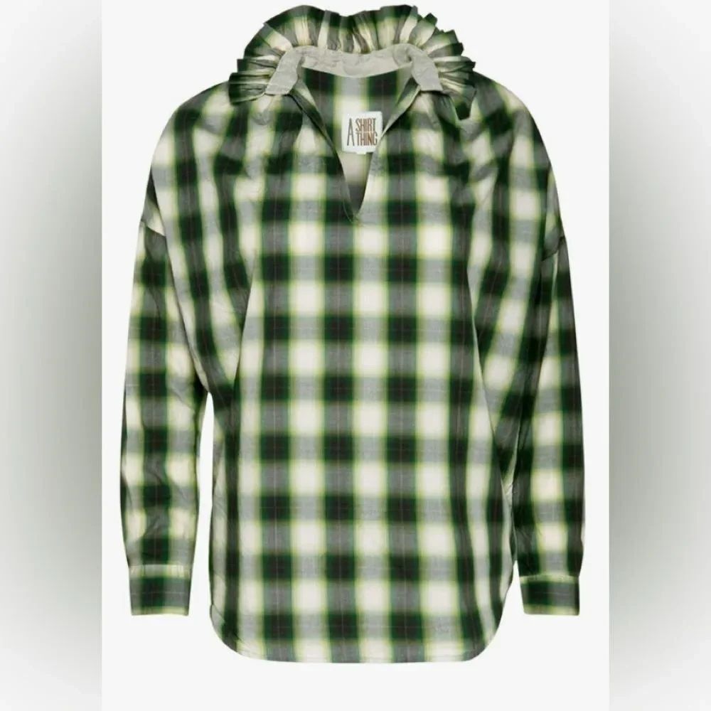 A shirt thing ruffled collar, tan, beige, and green plaid